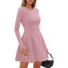 imagePRETTYGARDEN Long Sleeve Mini Dress for Women 2025 Fall Crewneck Knit Pleated Babydoll A Line Soft Casual Short Party DressesPink