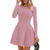 imagePRETTYGARDEN Long Sleeve Mini Dress for Women 2025 Fall Crewneck Knit Pleated Babydoll A Line Soft Casual Short Party DressesPink