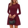 imagePRETTYGARDEN Long Sleeve Mini Dress for Women 2025 Fall Crewneck Knit Pleated Babydoll A Line Soft Casual Short Party DressesWine Red