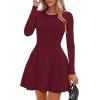 imagePRETTYGARDEN Long Sleeve Mini Dress for Women 2025 Fall Crewneck Knit Pleated Babydoll A Line Soft Casual Short Party DressesWine Red