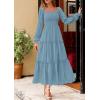 imagePRETTYGARDEN Maxi Dresses for Women 2025 Fall Casual Long Sleeve Smocked A Line Ruffle Flowy Boho Wedding Guest Dress PocketsDusty Blue