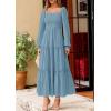imagePRETTYGARDEN Maxi Dresses for Women 2025 Fall Casual Long Sleeve Smocked A Line Ruffle Flowy Boho Wedding Guest Dress PocketsDusty Blue