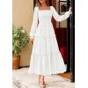 imagePRETTYGARDEN Maxi Dresses for Women 2025 Fall Casual Long Sleeve Smocked A Line Ruffle Flowy Boho Wedding Guest Dress PocketsWhite