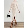 imagePRETTYGARDEN Turtle Neck Dresses for Women 2025 Fall Knit Outfits Slit Elastic Waist Long Sleeve Bodycon Midi Sweater DressApricot