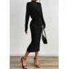 imagePRETTYGARDEN Turtle Neck Dresses for Women 2025 Fall Knit Outfits Slit Elastic Waist Long Sleeve Bodycon Midi Sweater DressBlack