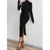 imagePRETTYGARDEN Turtle Neck Dresses for Women 2025 Fall Knit Outfits Slit Elastic Waist Long Sleeve Bodycon Midi Sweater DressBlack