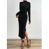 imagePRETTYGARDEN Turtle Neck Dresses for Women 2025 Fall Knit Outfits Slit Elastic Waist Long Sleeve Bodycon Midi Sweater DressBlack