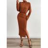 imagePRETTYGARDEN Turtle Neck Dresses for Women 2025 Fall Knit Outfits Slit Elastic Waist Long Sleeve Bodycon Midi Sweater DressBrick Red