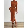 imagePRETTYGARDEN Turtle Neck Dresses for Women 2025 Fall Knit Outfits Slit Elastic Waist Long Sleeve Bodycon Midi Sweater DressBrick Red