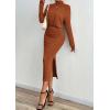 imagePRETTYGARDEN Turtle Neck Dresses for Women 2025 Fall Knit Outfits Slit Elastic Waist Long Sleeve Bodycon Midi Sweater DressBrick Red