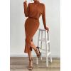 imagePRETTYGARDEN Turtle Neck Dresses for Women 2025 Fall Knit Outfits Slit Elastic Waist Long Sleeve Bodycon Midi Sweater DressBrick Red