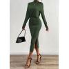 imagePRETTYGARDEN Turtle Neck Dresses for Women 2025 Fall Knit Outfits Slit Elastic Waist Long Sleeve Bodycon Midi Sweater DressDark Green