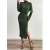 imagePRETTYGARDEN Turtle Neck Dresses for Women 2025 Fall Knit Outfits Slit Elastic Waist Long Sleeve Bodycon Midi Sweater DressDark Green