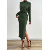 imagePRETTYGARDEN Turtle Neck Dresses for Women 2025 Fall Knit Outfits Slit Elastic Waist Long Sleeve Bodycon Midi Sweater DressDark Green