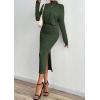 imagePRETTYGARDEN Turtle Neck Dresses for Women 2025 Fall Knit Outfits Slit Elastic Waist Long Sleeve Bodycon Midi Sweater DressDark Green
