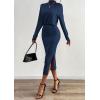 imagePRETTYGARDEN Turtle Neck Dresses for Women 2025 Fall Knit Outfits Slit Elastic Waist Long Sleeve Bodycon Midi Sweater DressNavy
