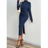 imagePRETTYGARDEN Turtle Neck Dresses for Women 2025 Fall Knit Outfits Slit Elastic Waist Long Sleeve Bodycon Midi Sweater DressNavy
