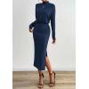 imagePRETTYGARDEN Turtle Neck Dresses for Women 2025 Fall Knit Outfits Slit Elastic Waist Long Sleeve Bodycon Midi Sweater DressNavy