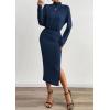 imagePRETTYGARDEN Turtle Neck Dresses for Women 2025 Fall Knit Outfits Slit Elastic Waist Long Sleeve Bodycon Midi Sweater DressNavy
