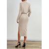 imagePRETTYGARDEN Turtle Neck Dresses for Women 2025 Fall Knit Outfits Slit Elastic Waist Long Sleeve Bodycon Midi Sweater DressOatmeal