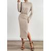 imagePRETTYGARDEN Turtle Neck Dresses for Women 2025 Fall Knit Outfits Slit Elastic Waist Long Sleeve Bodycon Midi Sweater DressOatmeal
