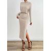 imagePRETTYGARDEN Turtle Neck Dresses for Women 2025 Fall Knit Outfits Slit Elastic Waist Long Sleeve Bodycon Midi Sweater DressOatmeal