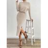 imagePRETTYGARDEN Turtle Neck Dresses for Women 2025 Fall Knit Outfits Slit Elastic Waist Long Sleeve Bodycon Midi Sweater DressOatmeal