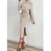 imagePRETTYGARDEN Turtle Neck Dresses for Women 2025 Fall Knit Outfits Slit Elastic Waist Long Sleeve Bodycon Midi Sweater DressOatmeal