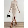 imagePRETTYGARDEN Turtle Neck Dresses for Women 2025 Fall Knit Outfits Slit Elastic Waist Long Sleeve Bodycon Midi Sweater DressOatmeal
