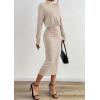imagePRETTYGARDEN Turtle Neck Dresses for Women 2025 Fall Knit Outfits Slit Elastic Waist Long Sleeve Bodycon Midi Sweater DressOatmeal