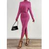 imagePRETTYGARDEN Turtle Neck Dresses for Women 2025 Fall Knit Outfits Slit Elastic Waist Long Sleeve Bodycon Midi Sweater DressRose Pink