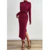 imagePRETTYGARDEN Turtle Neck Dresses for Women 2025 Fall Knit Outfits Slit Elastic Waist Long Sleeve Bodycon Midi Sweater DressWine Red