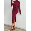 imagePRETTYGARDEN Turtle Neck Dresses for Women 2025 Fall Knit Outfits Slit Elastic Waist Long Sleeve Bodycon Midi Sweater DressWine Red