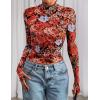 imagePRETTYGARDEN Womens 2025 Fall Mesh Floral Blouses Long Sleeve Going Out Tops Slim Fitted Shirts Date Night OutfitsFloral Black Red