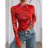 imagePRETTYGARDEN Womens 2025 Fall Mesh Floral Blouses Long Sleeve Going Out Tops Slim Fitted Shirts Date Night OutfitsFloral Orange Red