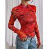 imagePRETTYGARDEN Womens 2025 Fall Mesh Floral Blouses Long Sleeve Going Out Tops Slim Fitted Shirts Date Night OutfitsFloral Orange Red