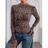 imagePRETTYGARDEN Womens 2025 Fall Mesh Floral Blouses Long Sleeve Going Out Tops Slim Fitted Shirts Date Night OutfitsLeopard Print
