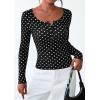 imagePRETTYGARDEN Womens 2025 Summer Fall Long Sleeve Henley T Shirts Button Ribbed Knit Slim Fit Casual Basic Tops Blouse01 Small Polka Dot Black