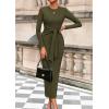imagePRETTYGARDEN Womens 2025 Wedding Guest Midi Dresses Semi Formal Long Sleeve Bodycon Tie Waist Cocktail Fall Fashion ClothesArmy Green