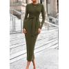 imagePRETTYGARDEN Womens 2025 Wedding Guest Midi Dresses Semi Formal Long Sleeve Bodycon Tie Waist Cocktail Fall Fashion ClothesArmy Green