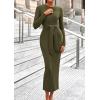 imagePRETTYGARDEN Womens 2025 Wedding Guest Midi Dresses Semi Formal Long Sleeve Bodycon Tie Waist Cocktail Fall Fashion ClothesArmy Green