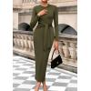 imagePRETTYGARDEN Womens 2025 Wedding Guest Midi Dresses Semi Formal Long Sleeve Bodycon Tie Waist Cocktail Fall Fashion ClothesArmy Green