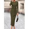 imagePRETTYGARDEN Womens 2025 Wedding Guest Midi Dresses Semi Formal Long Sleeve Bodycon Tie Waist Cocktail Fall Fashion ClothesArmy Green