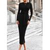 imagePRETTYGARDEN Womens 2025 Wedding Guest Midi Dresses Semi Formal Long Sleeve Bodycon Tie Waist Cocktail Fall Fashion ClothesBlack