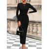 imagePRETTYGARDEN Womens 2025 Wedding Guest Midi Dresses Semi Formal Long Sleeve Bodycon Tie Waist Cocktail Fall Fashion ClothesBlack