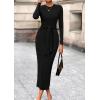 imagePRETTYGARDEN Womens 2025 Wedding Guest Midi Dresses Semi Formal Long Sleeve Bodycon Tie Waist Cocktail Fall Fashion ClothesBlack