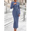 imagePRETTYGARDEN Womens 2025 Wedding Guest Midi Dresses Semi Formal Long Sleeve Bodycon Tie Waist Cocktail Fall Fashion ClothesDusty Blue