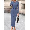 imagePRETTYGARDEN Womens 2025 Wedding Guest Midi Dresses Semi Formal Long Sleeve Bodycon Tie Waist Cocktail Fall Fashion ClothesDusty Blue
