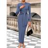 imagePRETTYGARDEN Womens 2025 Wedding Guest Midi Dresses Semi Formal Long Sleeve Bodycon Tie Waist Cocktail Fall Fashion ClothesDusty Blue