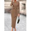 imagePRETTYGARDEN Womens 2025 Wedding Guest Midi Dresses Semi Formal Long Sleeve Bodycon Tie Waist Cocktail Fall Fashion ClothesKhaki